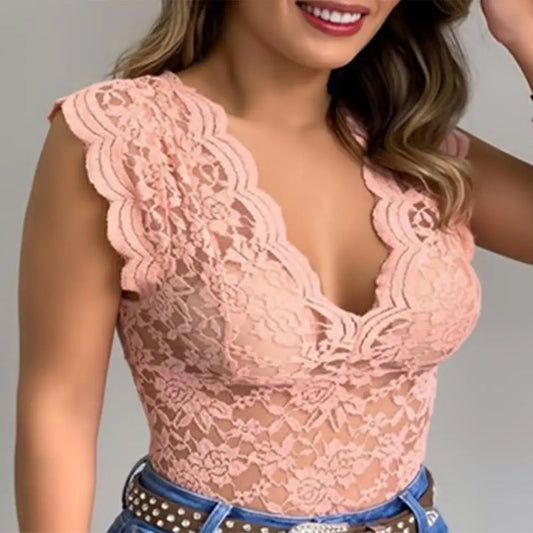 V-neck Sleeveless Tunic Top See-through Floral Lace Hollow Summer Blouse Streetwear