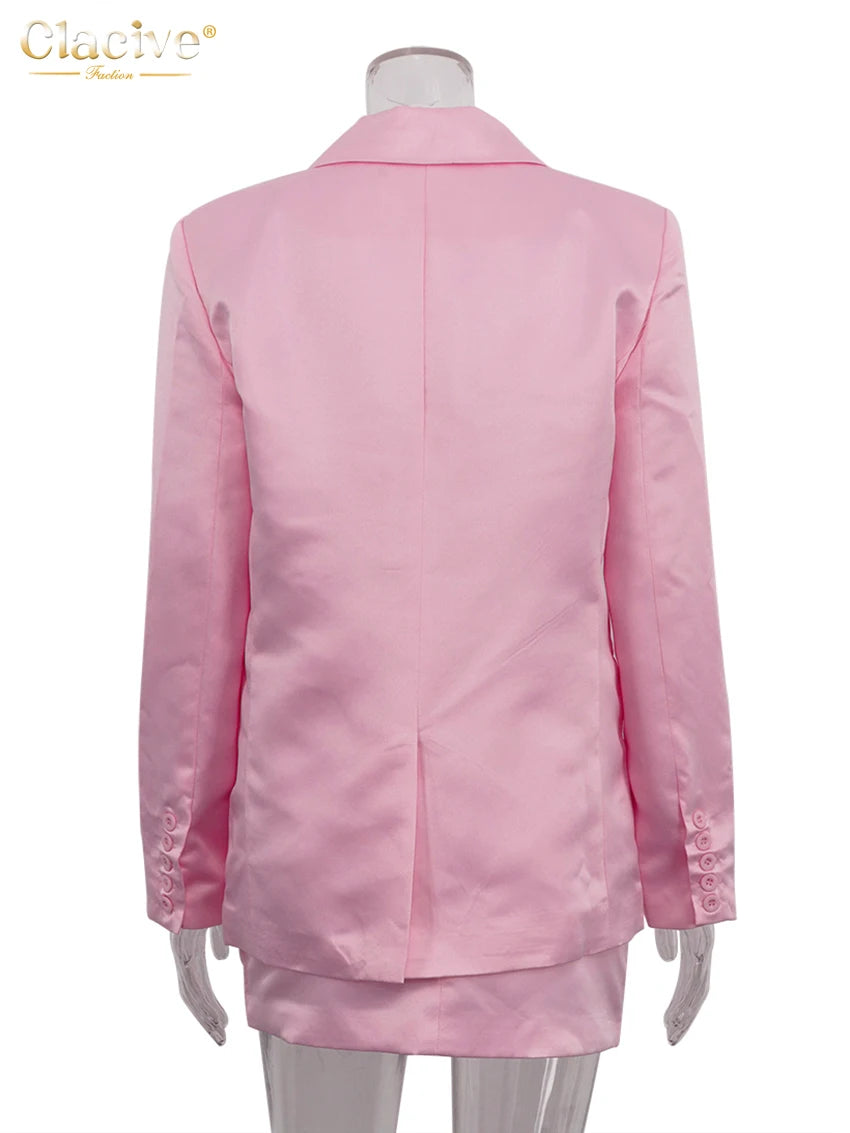 Clacive Fashion Loose Pink Satin 2 Piece Sets Women Outfit 2024 Elegant Long Sleeve Blazer With Mid Waist Mini Skirts Set Female