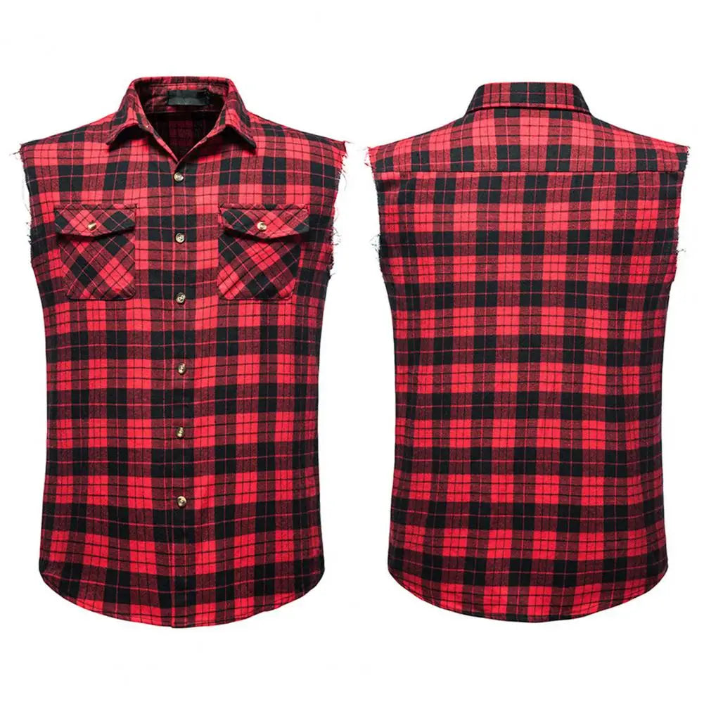 Gilet à revers sans manches pour homme, poches à rabat, simple boutonnage, coupe 3D, imprimé écossais, streetwear