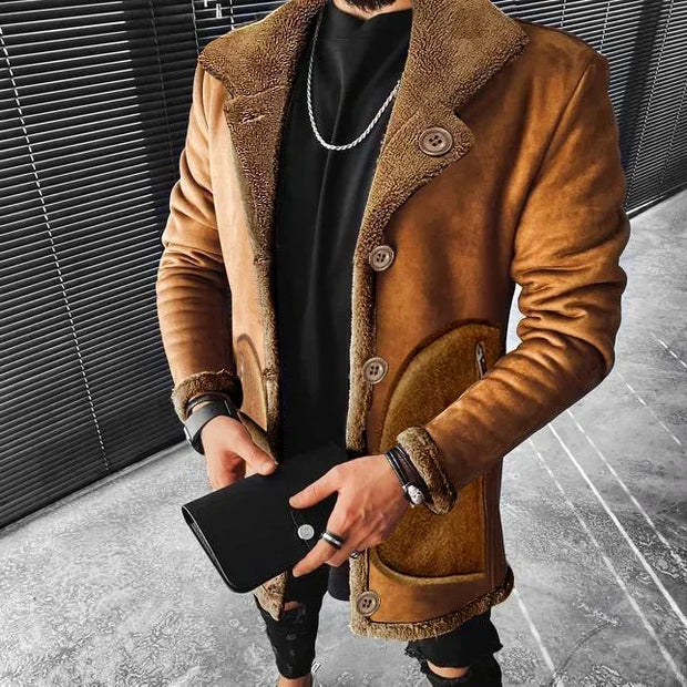 Coats Men Thick Jackets Turn Down Collar Full Sleeve Jacket Single Breasted Regular Casual Mid Length Coat Autumn Winter