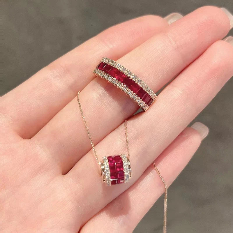 New silver inlaid crystals light luxury ruby jewelry sets delicate wedding rings necklace for women glamour party gift