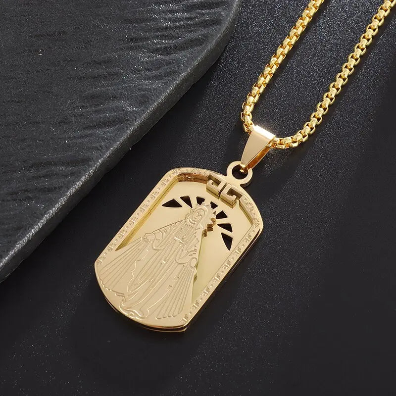 Colgante clásico católico de la Virgen María de Guadalupe con cruz de circonitas, collar de oración para mujer