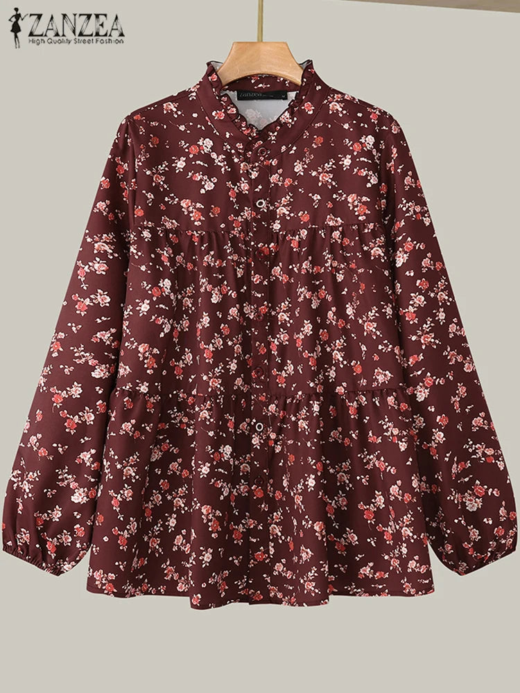 Vintage Long Sleeve Blusas Retro ZANZEA Causal Floral Printing Blouse Holiday Ruffles Neck Tops 2024 Autumn Loose Shirts Femme