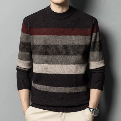 Autumn Winter Fashion High End Thickened Round Neck Sweater Men's Smart Casual Loose Versatile Patchwork Knitted Long Sleeve Top