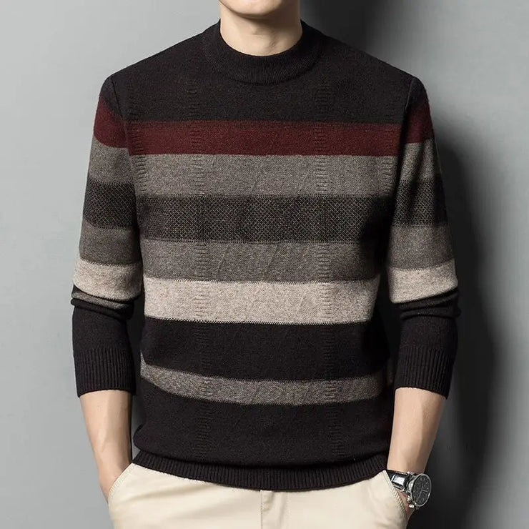 Autumn Winter Fashion High End Thickened Round Neck Sweater Men's Smart Casual Loose Versatile Patchwork Knitted Long Sleeve Top