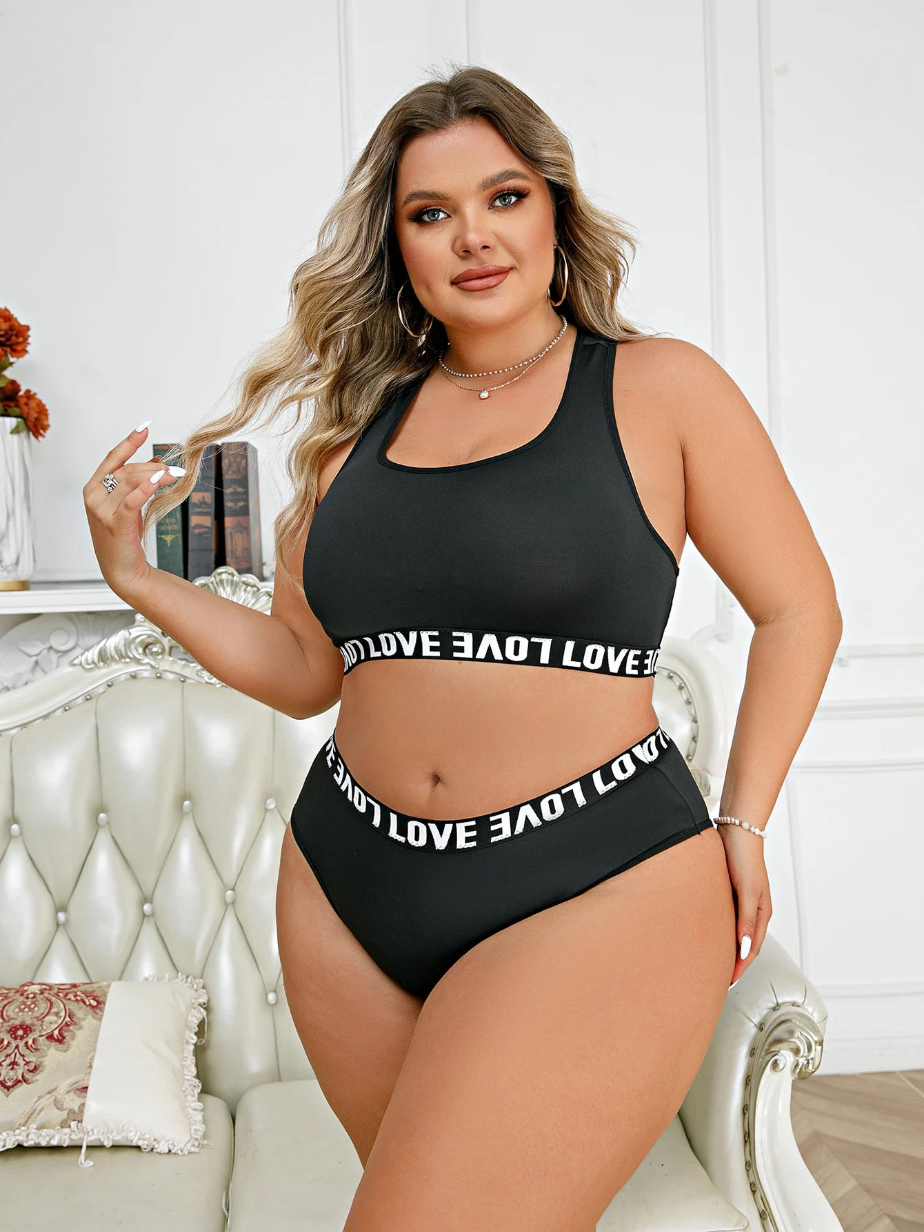 2Pcs Plus Size Casual Lingerie Set Women's Plus Letter Tape Racer Back Seamless Wire Free Bra Underwear