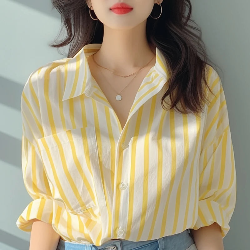 2024 New Summer Korean Aesthetic Loose Casual Office Lady Women's Shirt Pocket Mixed Cotton V Neck Long Sleeve Striped Y2K Tops