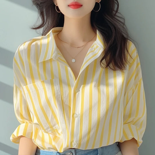 2024 New Summer Korean Aesthetic Loose Casual Office Lady Women's Shirt Pocket Mixed Cotton V Neck Long Sleeve Striped Y2K Tops