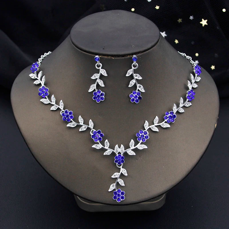 Rhinestones Flower Choker Necklace Earrings Set for women bridal Wedding Party Jewelry Set Fashion