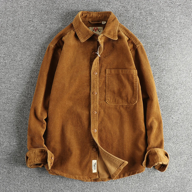 Small Amount of Woven Cotton Corduroy Washed Long sleeve Shirts Men's American vintage Trendy Single Pocket Shirt Outerwear