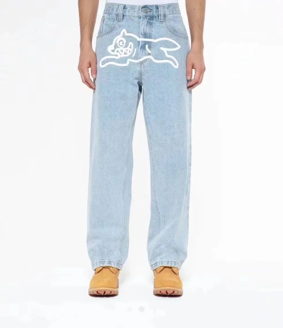 Harajuku Luxury Men Flying Dog Jeans Graphic Printed Y2k Pants Wide Leg Loosen Fit Vintage Denim Clothing For Male
