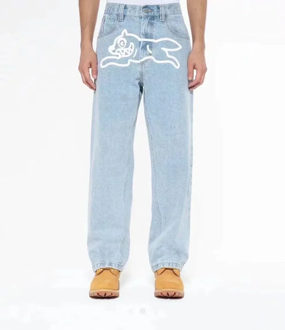 Harajuku Luxury Men Flying Dog Jeans Graphic Printed Y2k Pants Wide Leg Loosen Fit Vintage Denim Clothing For Male