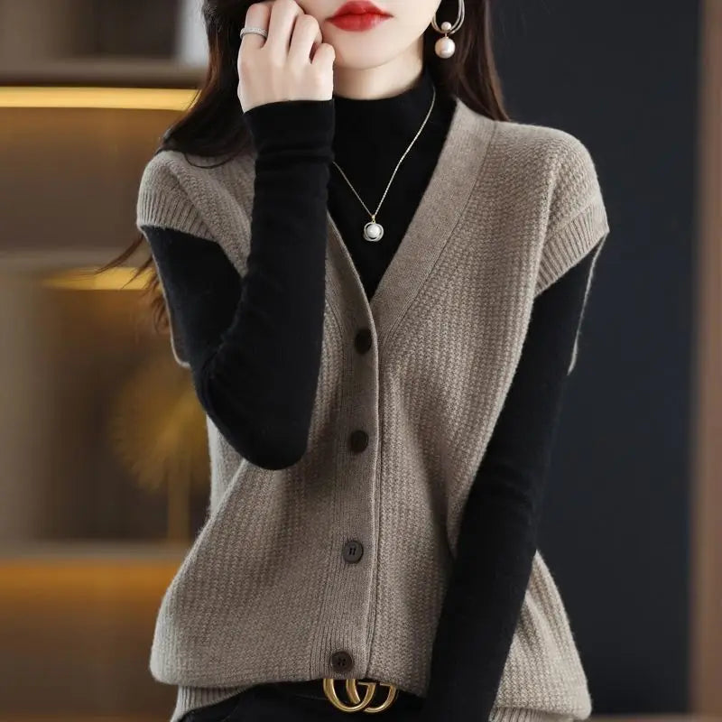 Autumn and Winter New V-neck Knitted Cardigan Tank Top Women's Korean Version Loose Versatile Casual Sleeveless Sweater
