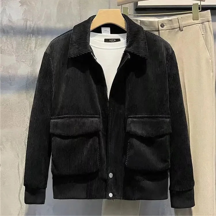 Men's Solid Color Warm Lapel Corduroy Cropped Top Casual Trendy Jacket Korean Style Loose Fit Large Pocket
