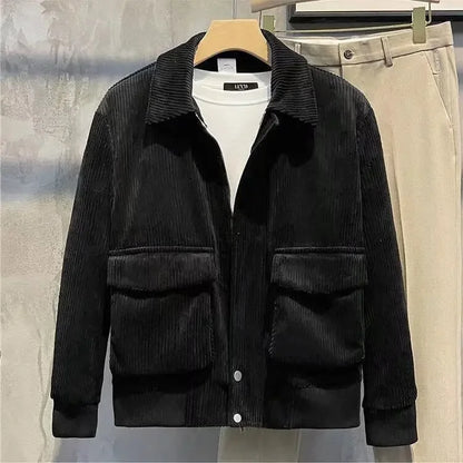 Men's Solid Color Warm Lapel Corduroy Cropped Top Casual Trendy Jacket Korean Style Loose Fit Large Pocket