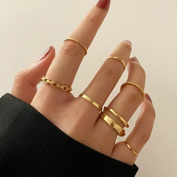 Boho Gold Color Heart Rings Set For Women Vintage Geometric Cross Pearl Butterfly Finger Rings Female Trendy Jewelry Gift