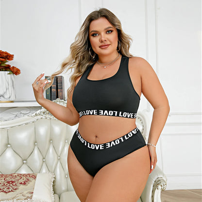 2Pcs Plus Size Casual Lingerie Set Women's Plus Letter Tape Racer Back Seamless Wire Free Bra Underwear